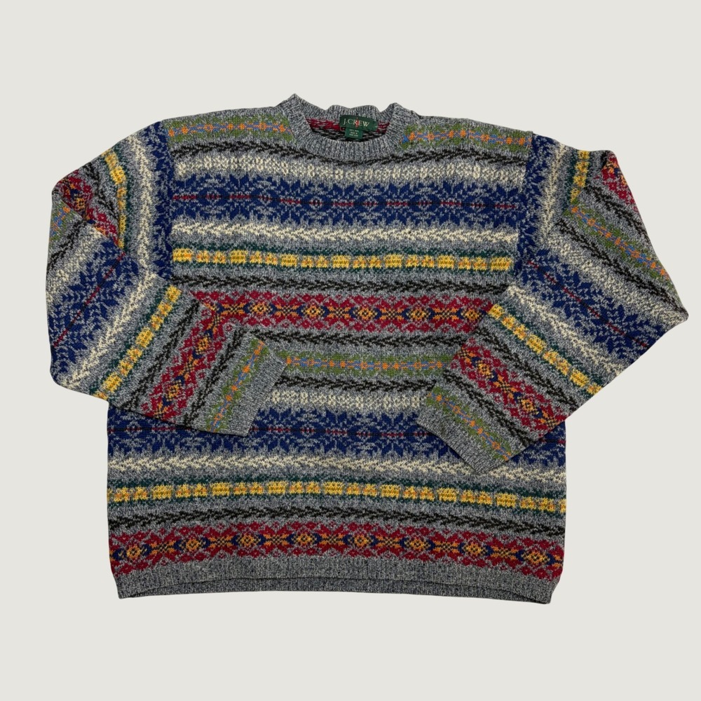 Vintage J.Crew Oarsman Men L Fair Isle Wool Sweater Gray Multi Crewneck Archival